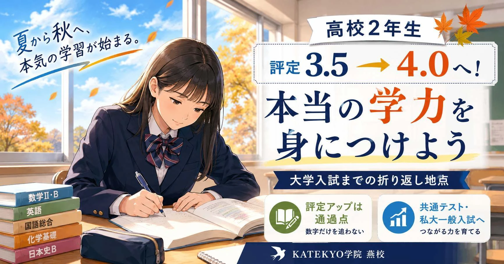 秋の教室で高校2年生が勉強する様子と「評定3.5→4.0」「本当の学力を身につけよう」の文字を描いたKATEKYO学院燕校のイラスト