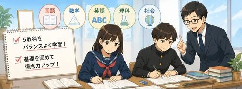 三条高校合格に向けて国語・数学・英語・理科・社会の5教科を学習する中学生