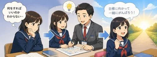 先生と一緒に学習計画を考え三条高校合格を目指す中学生
