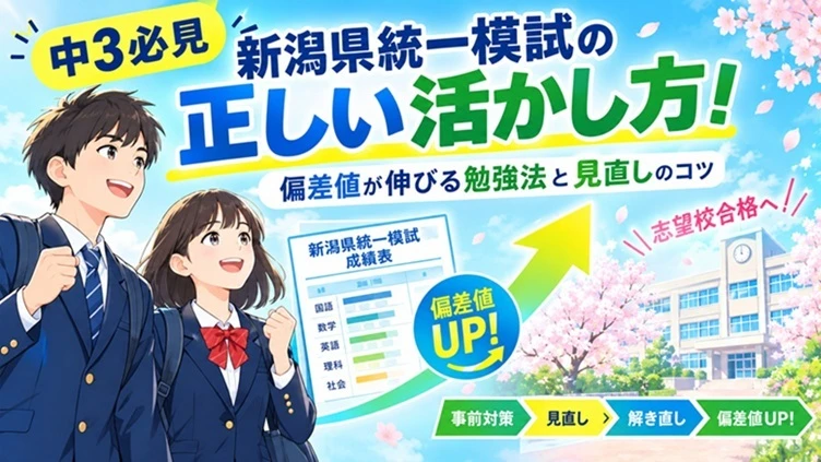 「中3必見・新潟県統一模試の正しい活かし方」をテーマに、制服姿の中学生男女、模試の成績表、上向きの「偏差値UP！」の矢印、桜に囲まれた学校を描いた学習塾のタイトル画像。