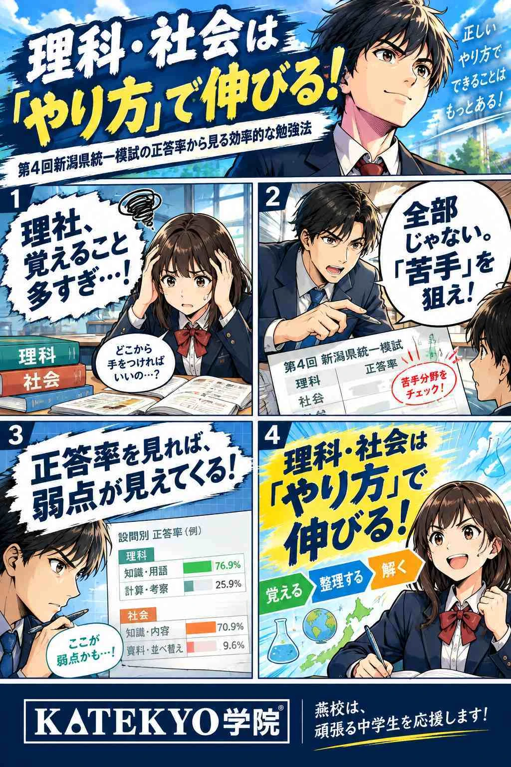第4回新潟県統一模試の正答率から理科・社会の効率的な勉強法を解説する4コマ漫画