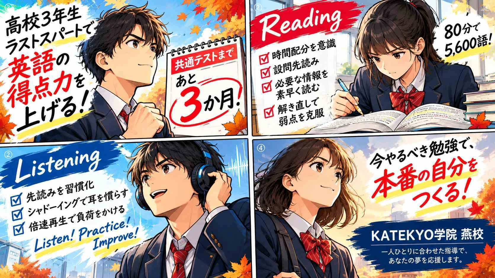 KATEKYO学院燕校の高校3年生向け、共通テストまで残り3か月の英語勉強法を紹介する4コマイラスト