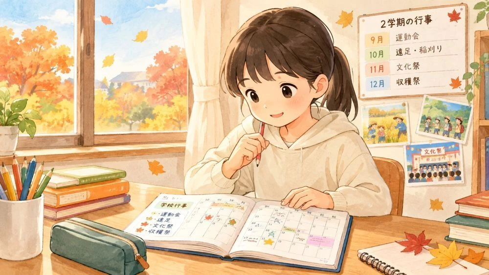 秋の学習計画と窓辺の少女1000X583
